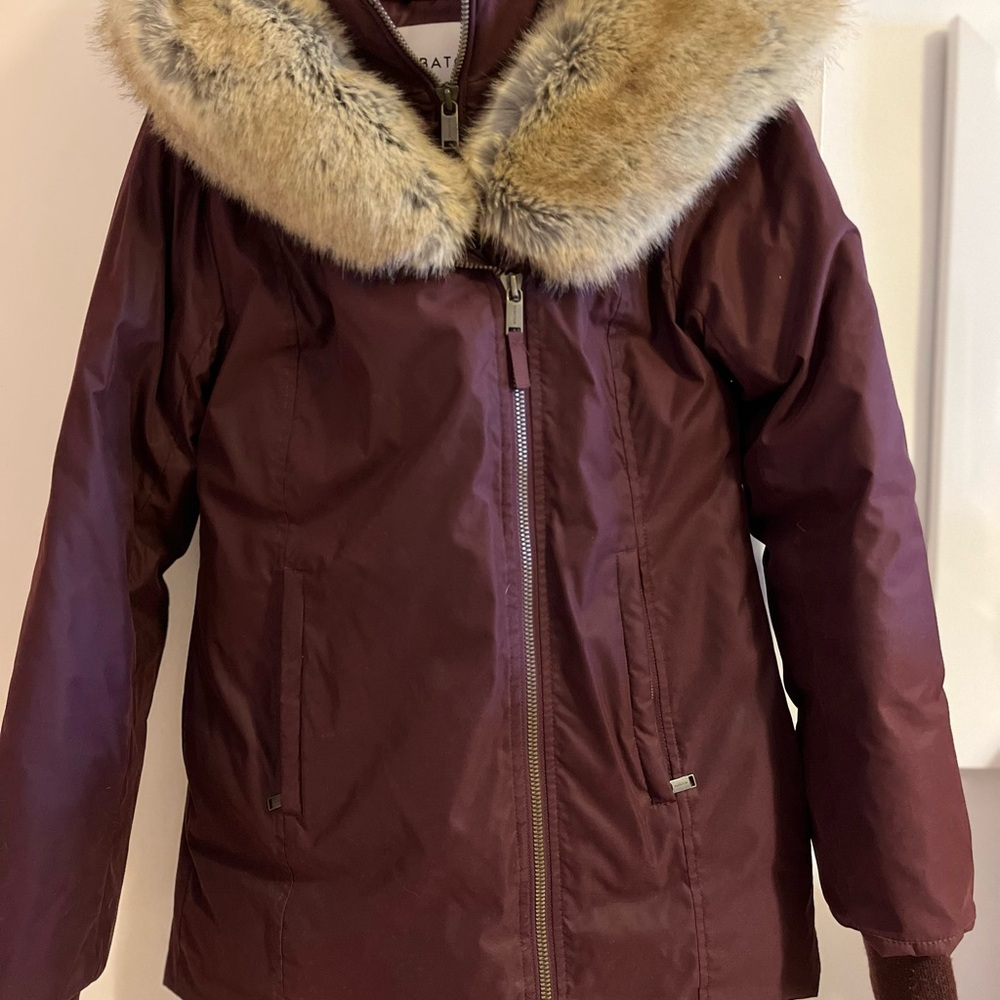 Babaton Deep Red Coat with Faux Fur Collar